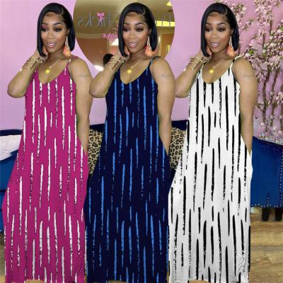 China 2021 summer women clothing breathable stripe printed casual maxis pocket slip loose dress dresses for sale