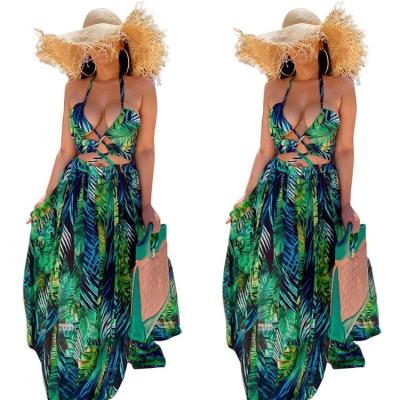 China 2021 summer boho floral dress breathable hollow out halter maxi dress for sale