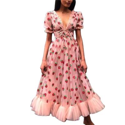 China Hot Sale Breathable Strawberry Print 3xl Plus Size Dress V Neck Mesh Sequin Dress Women 2021 for sale