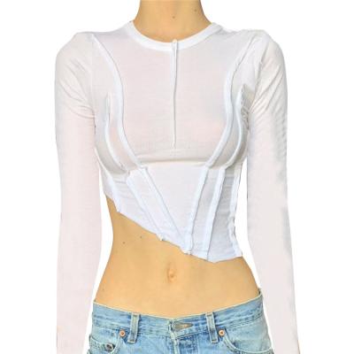 China Sustainable Fashion Tops Summer White Black Crop Woman Crew Neck Long Sleeve Top T-Shirt for sale