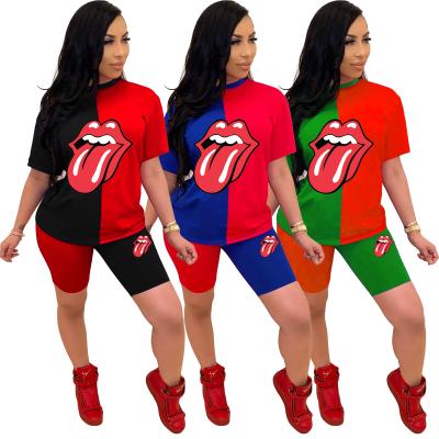 China QUICK DRY Custom Logo Tongue Print Spliced ​​Sports Suit Panties Velvet Bodycon Fall Clothing For Women Clothing Short Pants Two Piece for sale