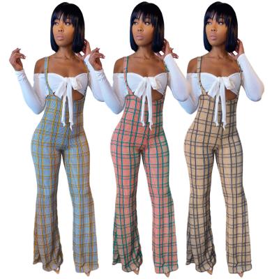 China 2021 New Arrivals Plaid Anti-Static Suspender Pants Women With Shirts Pants Set Two Piece Women for sale