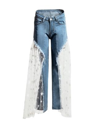 China New Arrival Breathable Women Jeans Pants Fashion Mesh Spliced ​​Pants Plus Size Wide Leg Casual Girls Pants for sale