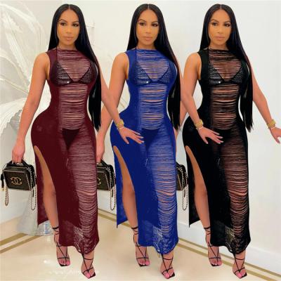 China Breathable Solid Color Plus Size Sleeveless Hollow See Through Maxi Long Split Bodycon Dresses Women Lady for sale