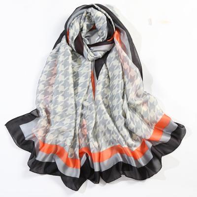 China FENNYSUN Collocation 90*180 Long Houndstooth Plaid Lattice Dress Grey-red Long Wrap Shawl With Satin Pattern Large Silk Scarves for sale