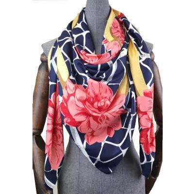 China FENNYSUN Large Square Twill 130X130 Square Mesh Flowers Neck Silk Scarf 130cm Square Scarf For Women for sale