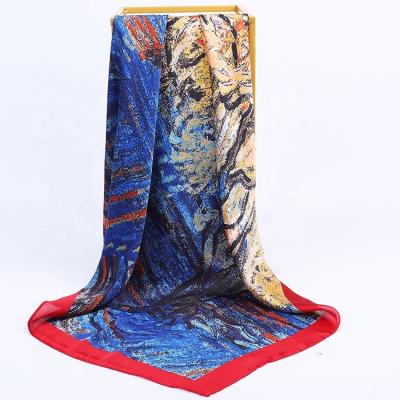 China Best Selling FENNYSUN 90x90 High Quality Big Square Scarf Oil Painting Gift Colorful Silky Satin Polyester Polyester for sale