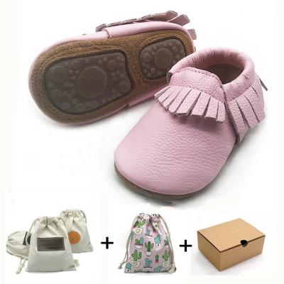 China Customized Package Wholesale Hard Genuine Rubber Anti-slippery Baby Moccasins Leather Tassels Babies Walking Shoes for sale