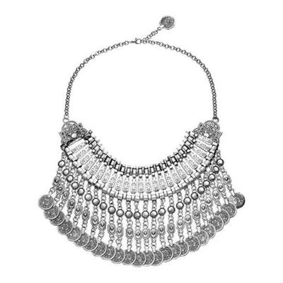 China 2022 New Women's Ethnic Gypsy Bib Bohemian Chunky Tassel Collar Rhinestone Statement Necklace-Silver Vintage Festival Carnival for sale