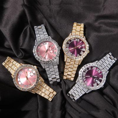 China New 90068 Glazed Pale Pink Day/Date 2022 Women's Watch With Purple Dial Bling Hip Hop Watches for sale