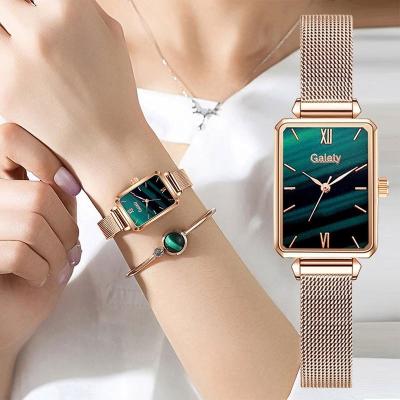 China New 90054 Joy Women's 2022 Fashion Brand Square Ladies Quartz Watch Strap Set Green Dial Rose Gold Mesh Women Watches Simple for sale