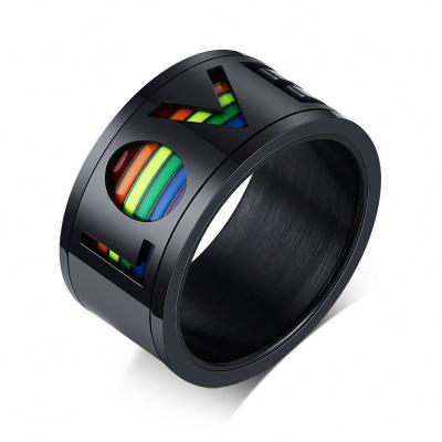 China 2022 FASHIONABLE New Lala Logo Ring Gay Gay Couples Ring Rainbow Titanium Rotatable Flag Steel Ring for sale