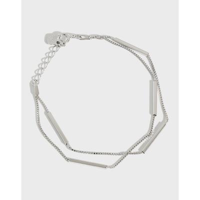 China 2022 Minimalist Couple Real 925 Charm Double Bar Shape Chain Bracelet TRENDY White Silver Chain Bracelet for sale