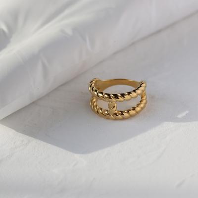 China 2022 New Trendy Trendy Vintage 18K Gold Plated Double Layer Twisted Stainless Steel Ring For Women for sale