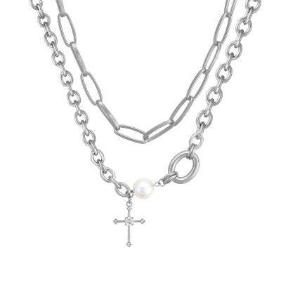 China Double Layered Net Red Tide Diamond Cross Pendant Pearl Necklace Fresh Wind Punk Niche Metal Clavicle Chain Punk for sale