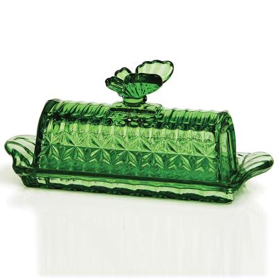 China 2021new Customized Wholesale Stocked Butterfly Green Glass Butter Dish for sale