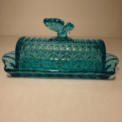 China 2021New Customized Wholesale Stocked Butter Box Blue Butterfly Glass Butter Dish for sale