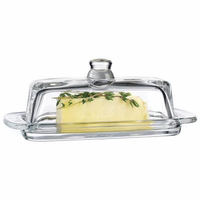 China Wholesale Customized Classic Stocked Covered Handled Lid Design 2-Piece Butter Keeper Rectangular Glass Storage Butter Dish for sale