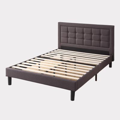 China Comfortable Modern Fabric Bed Frame Upholstered Button Tufted Premium Platform Bed / Strong Wood Slat Support for sale