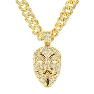 China Hiphop Hiphop Full Chain Jewelry Necklace Alloy Rhinestone Human Face Necklace Pendant for sale