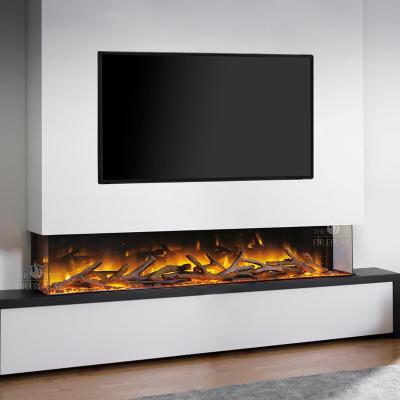 China Modern Realistic 3 Sided Led Wall Mount Fire Place Inserts Decorative Classic Custom 2 Sided Wooden Suspended Electric Fireplace Heaters for sale