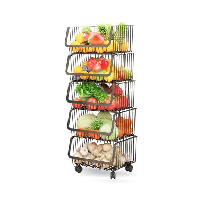 China Sustainable Home Kitchen Storage 4 Layers With Rolling Wheels Stackable Kitchen Storage Baskets for sale