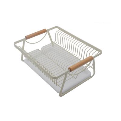 China Sustainable Modern Wooden Handle Dish Drying Rack With Full-mesh Storage Basket, Removable Cutlery Tray for sale