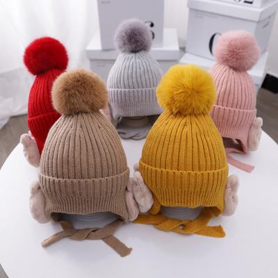 China Autumn Winter Cute Double Layer Striped Baby Knit Wool Girls Ear Muff Hat for sale