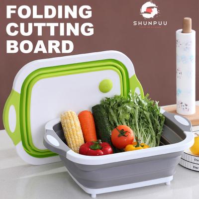 China Hot Selling Viable Multifunctional 2 in 1 Cutting Board with Folding Tray Kitchen Chopping Board Tool Folding Drain Basket for sale