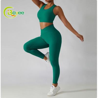 China High Waisted Breathable 2 Pcs Sport Wear Gym Clothes Women Ribbed Crac! crack! seamless butt yoga leggings set yoga set pants with pockets for sale