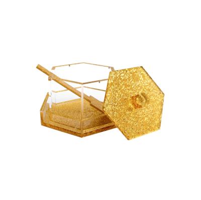 China Morden Lucite Hexagon Rosh Hashana Honey Dish with Gold Glitter Magnet Base and Spoon Lid for sale