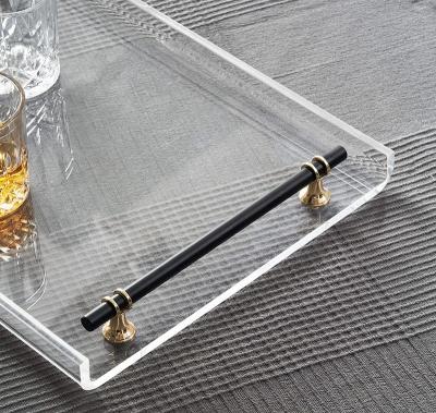 China OEM Handmade Professional Manufacturing Clear Acrylic Hotel Serving Tray With Black Metal Handle Decorative Tray For Home for sale