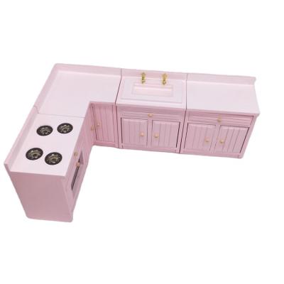 China 1:12 MODEL Dollhouse TOY Furniture Buffet Set Basin Stove Miniature Wooden Rotisserie 4pcs in Pink Color for sale