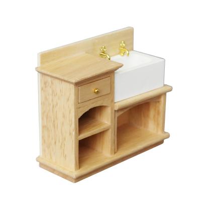 China Realistic Kitchen Sink 1:12 Mini Dollhouse Wooden Wash Basin Miniature Cabinet Furniture Kitchen Sink for Doll Room Bathroom Kitchen Decor for sale