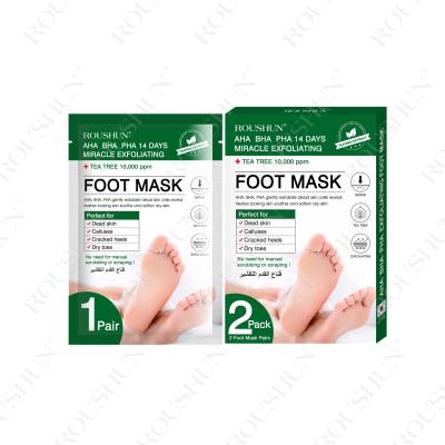 China Remove Thick Corny Layers Roushun Private Label Acceptable Remove Dead Skin Foot Foot Mask Peeling Nourish Exfoliating Tea Tree Foot Mask for sale