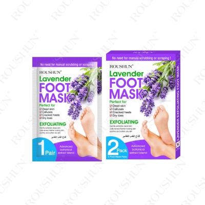 China Remove Thick Corneal Layers Roushun OEM Private Label Acceptable Remove Dead Skin Foot Foot Mask Peeling Nourish Exfoliating Lavender Foot Mask for sale