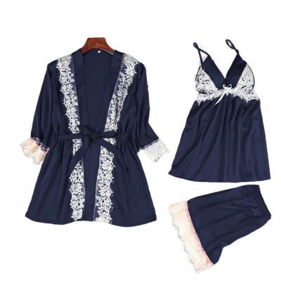 China 2021 QUICK DRY hot selling lace loungewear halter tops shorts dressing gown three piece pajamas for women for sale