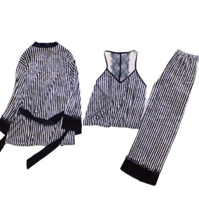 China QUICK DRY Women's Pajamas Striped Suspenders Invest Pants Bowknot Bathrobe Three Piece Pajamas for sale