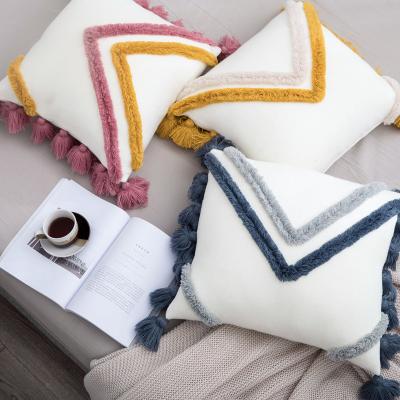 China Wholesale Custom Anti-pilling INS Tile Cover Embroidery Cushion Cover With Velvet Ball For Sofa Seat Chair Home for sale