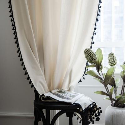 China Wholesale High Quality Modern Korea Blackout Curtains Style Tassel Solid Black White Cotton Drapes Linen Drapes For Living Room for sale