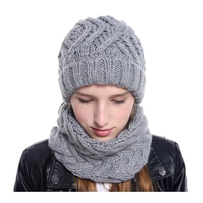 China Wholesale JOINT Winter Warm Hats Solid Color Knitted Beanie Stretch Beanie Skull Slouchy Winter Hat Scarf Two Piece Suit for sale