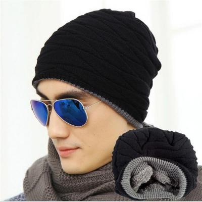 China Winter COMMON COMMON Men Thicken Knitted Hat Plus Fleece Keep Warm Yarn Beanie Outdoor Ear Protection Solid Color Wool Hats for sale