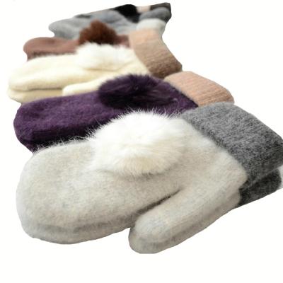 China Autumn Winter Plain Thick Knitted Plush Ball Wool Cashmere Mittens Mittens Warm Female Women Lovely Double Medium Glove for sale