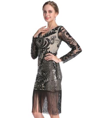 China Luxury Women's Long Sleeve Anti-Static Dress V-neck Mesh Embroidery Retro Elegant Sequins Beading Tassel Dress Dress for sale