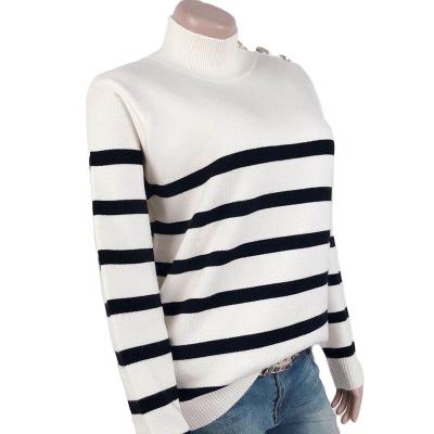 China Anti-wrinkle Women's Clothing Turtle Neck Sweater Winter Sweaters Knitted Casual Fashion Stripe Buttons High-neck Sweater for sale