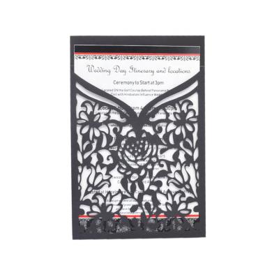 China Rustic Flower Pocket Black Wedding Invitation Cards Laser Paper Cut for sale