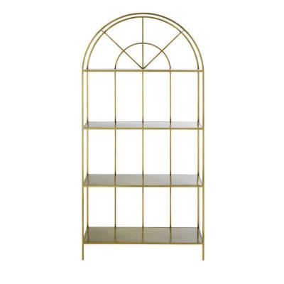 China Chic Arched Wood+Metal Matte Gold Metal Bookcase Classic Shelf 4-Tiers Arched Wooden Display Stand for sale