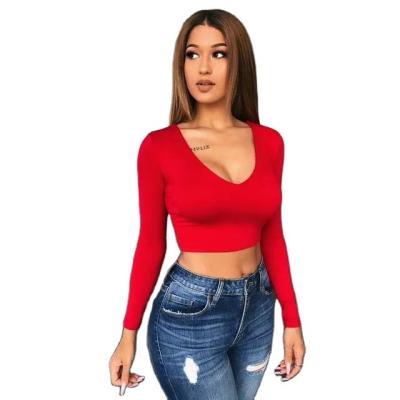 China 2023 New Design Anti-Wrinkle V-Neck T-shirt And Blouse Top Women Autumn Short Long Sleeve Solid Fashion Sexy Causal Crop Tops Tees for sale