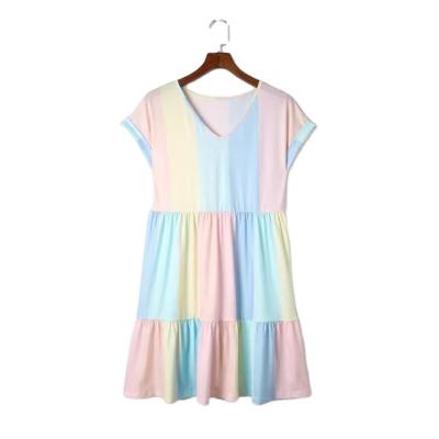 China Dear-Lover Women's Anti-Static Clothing Clothes Multicolor Striped Block Mini Summer Casual Ladies Color Tiered Dress for sale