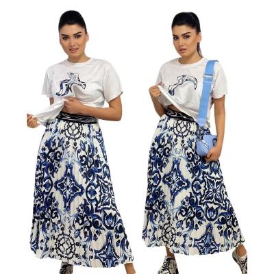 China 2023 Women's QUICK DRY White T Shirt With Floral Pleated 2 Piece Skirt Elegant Maxi Skirt Designer Brand Summer Set for sale